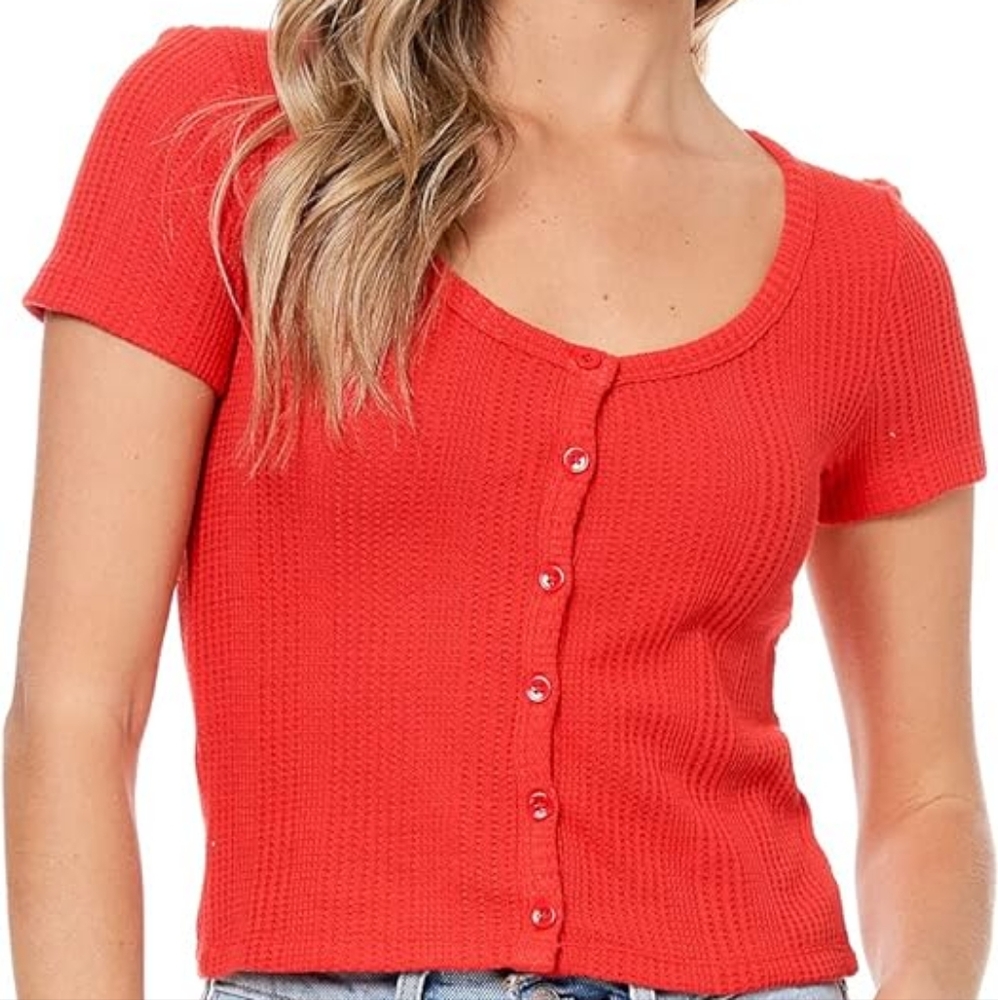 Women's Short Sleeve Waffle Button-Up